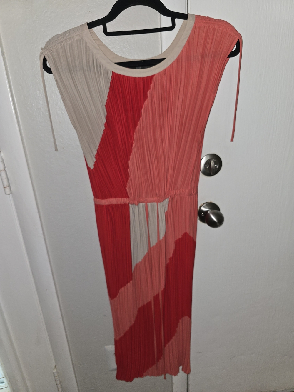 Women's Colorblock Pleated Midi Dress in Coral and Beige